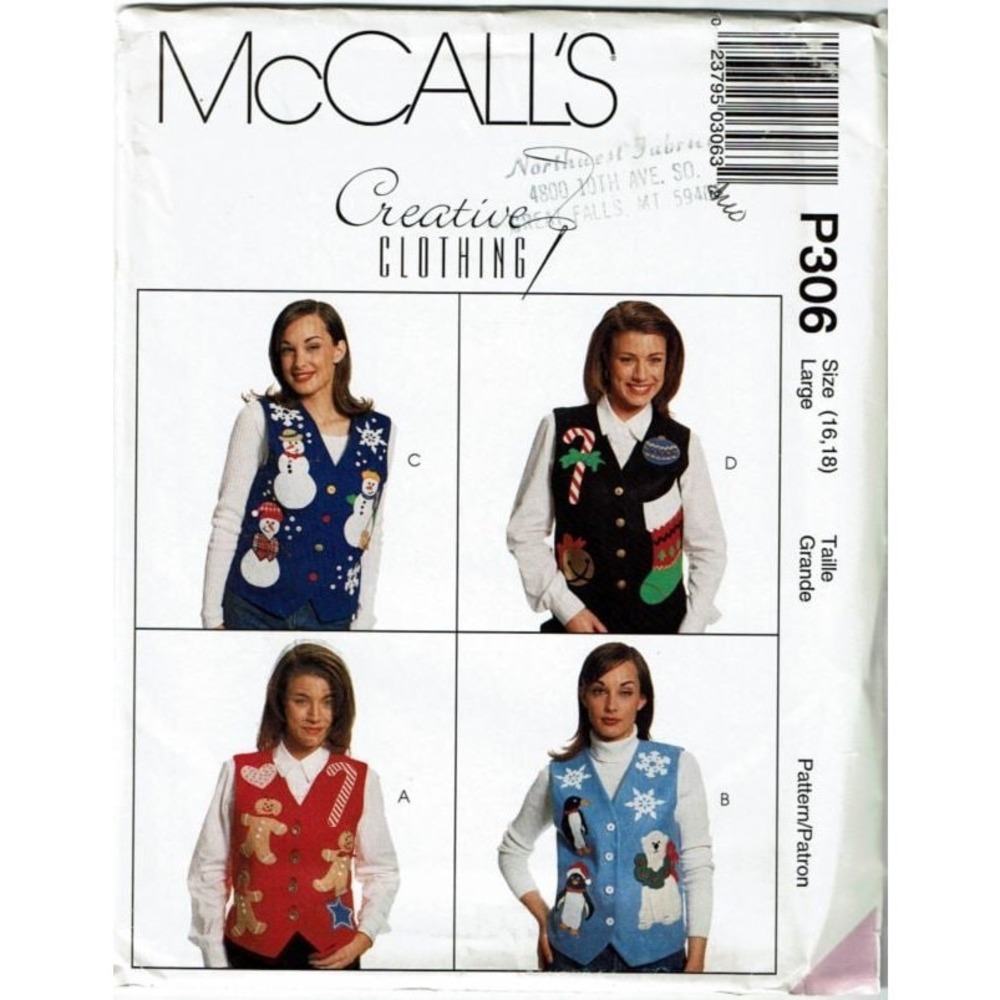 McCalls Sewing Pattern 8484 P306 Vests Holiday Applique Misses Size 16-18